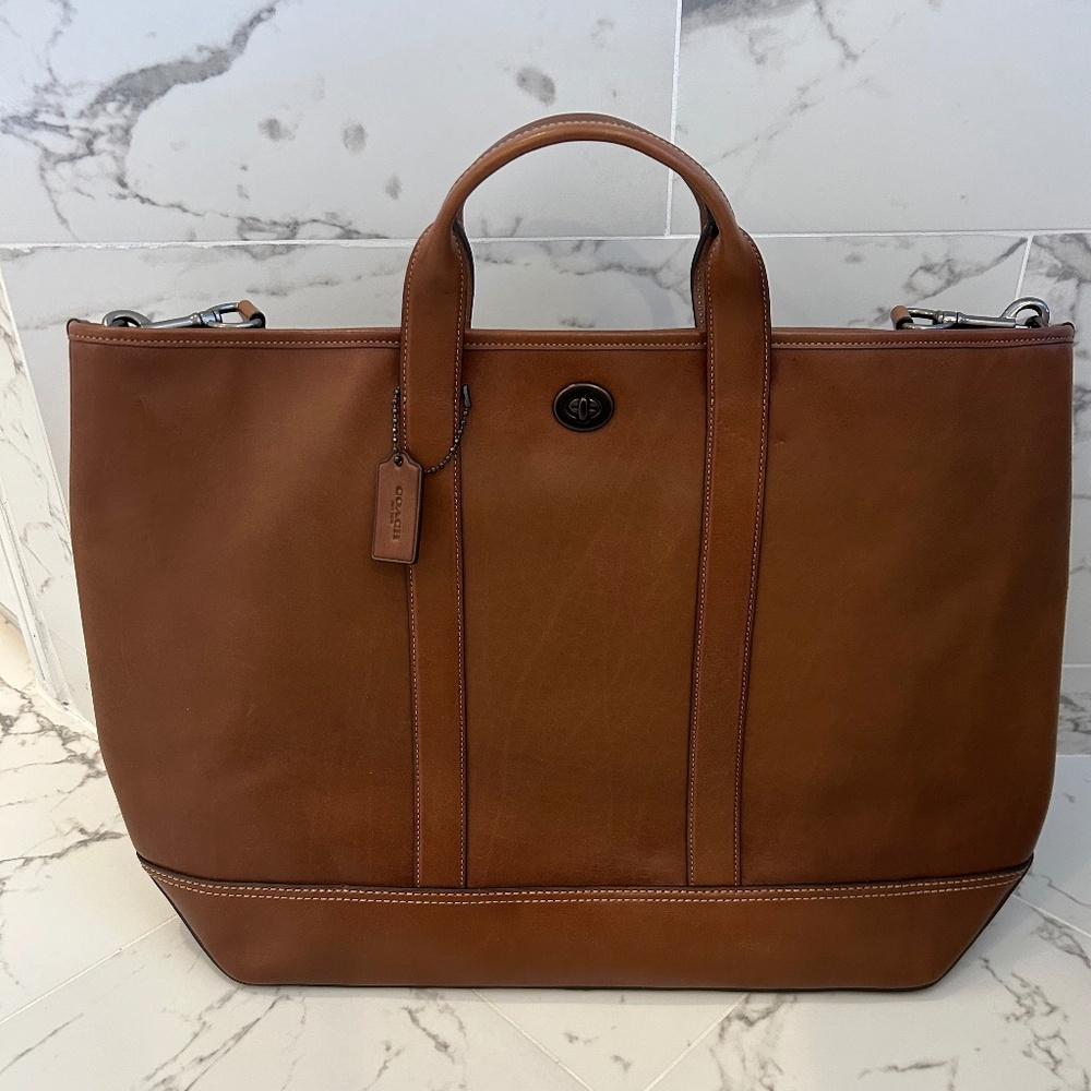 RARE Coach Men's Tan Leather Turnlock Toby Weekender Bag with Strap - Picture 2 of 9